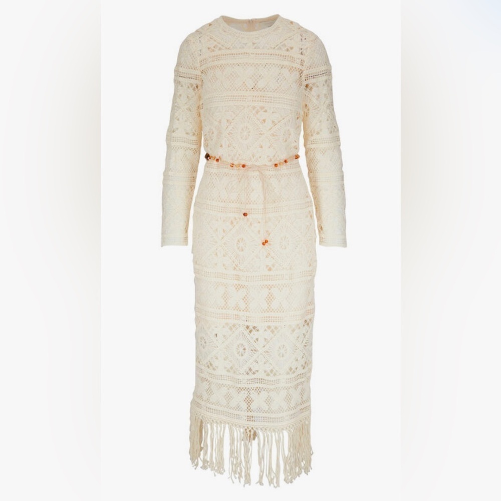 ZIMMERMANN Cira Ivory Ribbon Lace Tassel Midi Belted Dress sz 1 NWT 950$ - Picture 4 of 15